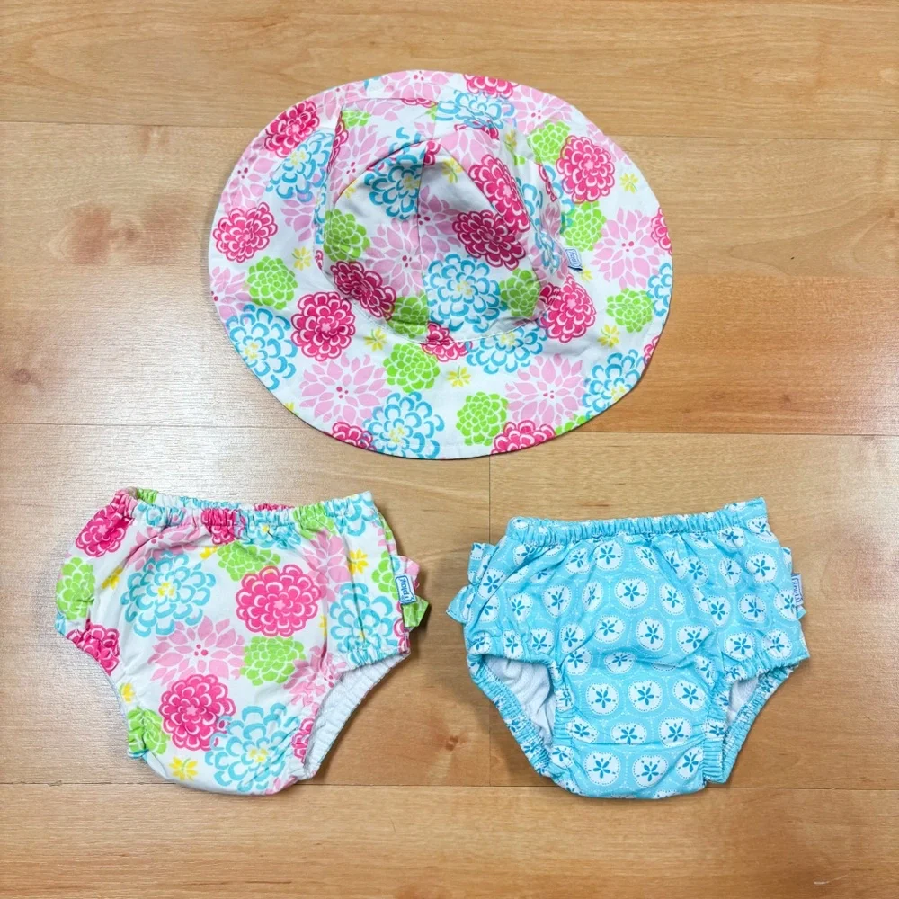 iPlay 3-Piece Floral Reusable Swim Diaper & Sun Hat Bundle Baby Girl 3-6M